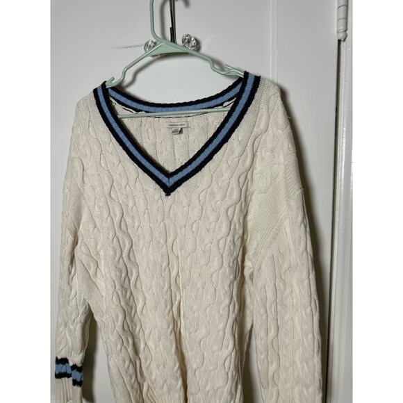 American Eagle White Cable Knit Tennis Preppy Striped Oversized Sweater Large - Picture 2 of 8